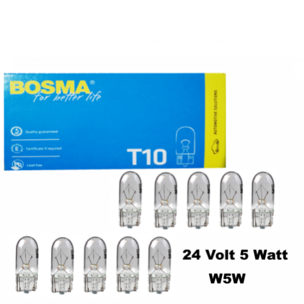 10 Stück Bosma Glassockellampe 24 Volt 5 Watt W5W T10 W2,1x9,5d