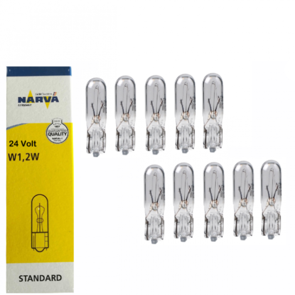 10 Stück Narva Glassockellampe 24 Volt 1,2 Watt T5 W2x4,6d