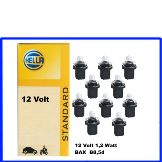10 Stück Hella Kunststoffsockellampe BAX 12 Volt 1.2 Watt  B8.5d